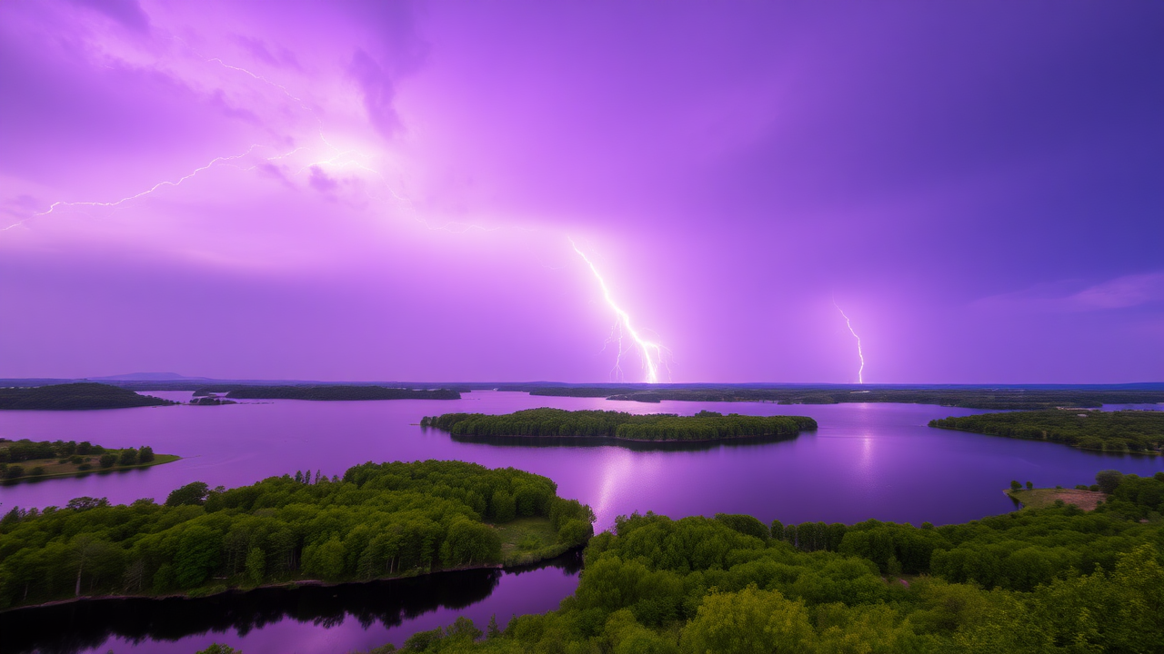 photo, lakes, nature, purple sky, lightning