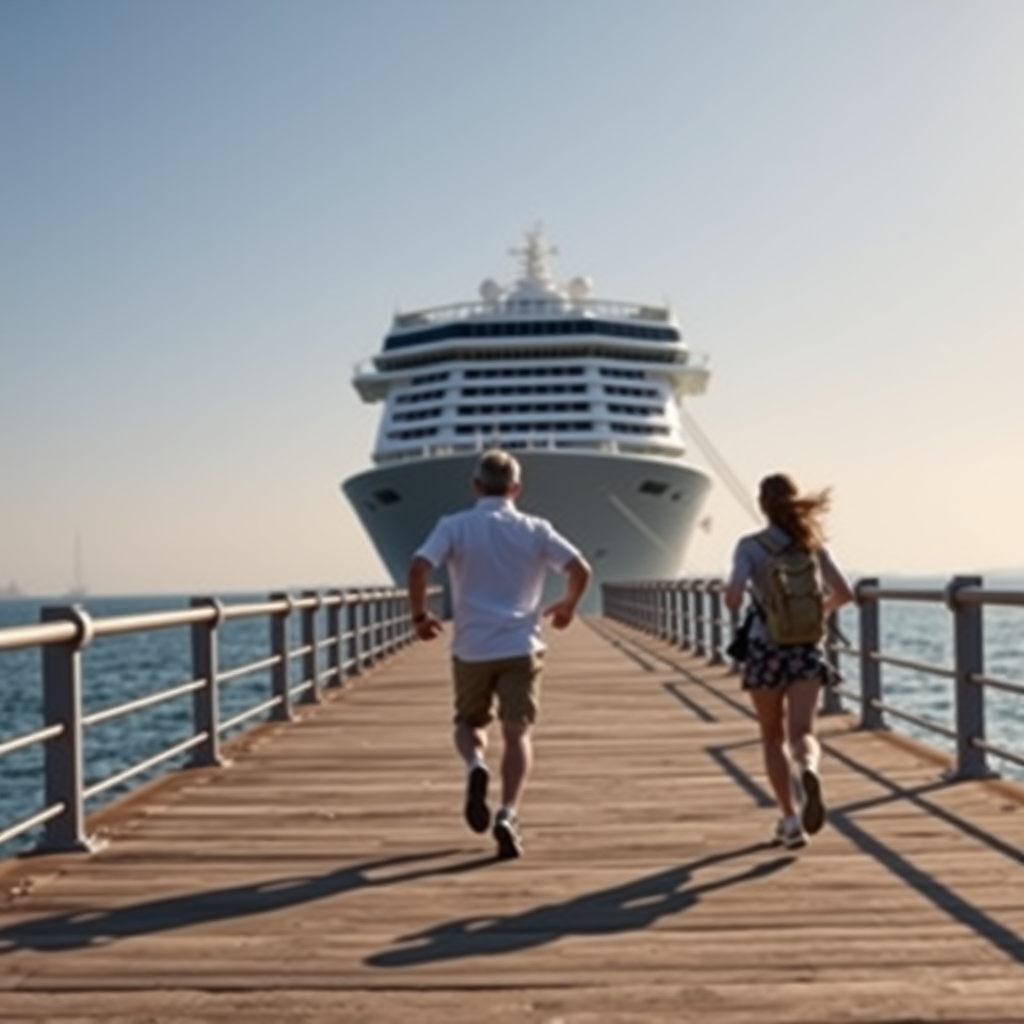 create a photo realistic image of a tourist couple running on the pier towards their cruise ship, but the ship has sailed away. Make the image rectangle and not square