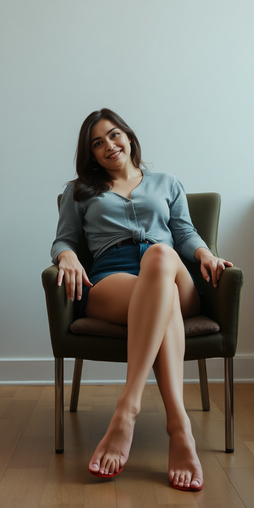 a woman with short pants sits in the chair