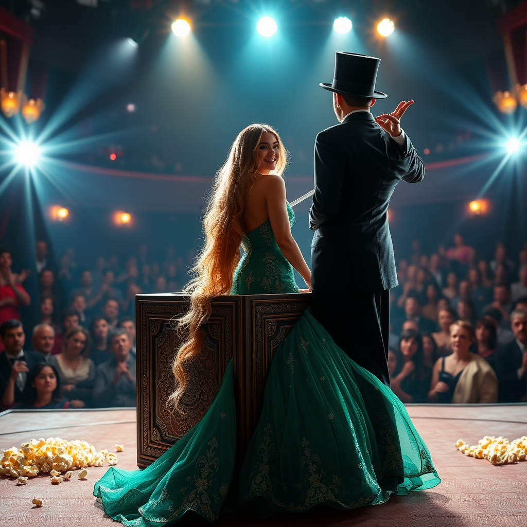 In a vibrant theater filled with an eager audience, a beautiful female magic assistant with cascading, shimmering hair flows like liquid gold down her back, stands confidently on stage. Her mesmerizing emerald gown, adorned with intricate silver embroidery, captures the spotlight as she prepares for the grand illusion. The atmosphere crackles with anticipation, accented by the sweet scent of popcorn wafting from the audience.

With a flourish of his hand, the dashing magician, clad in a classic black tuxedo and a top hat, gestures dramatically towards a large, ornate wooden box, glimmering under the dazzling stage lights. The assistant steps into the box, her expression a mix of trust and excitement, as the audience collectively holds their breath.

As the magician begins his elaborate routine, the sound of a mystical tune emanates from hidden speakers, creating an enchanting backdrop. The magician swiftly saws the box in half with a glimmering silver saw, the sharp metal slicing through wood like butter. The audience gasps in astonishment, their wide eyes reflecting both disbelief and wonder.

In that moment, the assistant's serene, enchanting smile seems to defy the impossible, blending bravery with a touch of playful mystery, captivating everyone present. The bright lights cast dramatic shadows, heightening the suspense. As the trick reaches its climax, the air is thick with enchantment and excitement, wrapping the entire scene in a dazzling aura of magic.