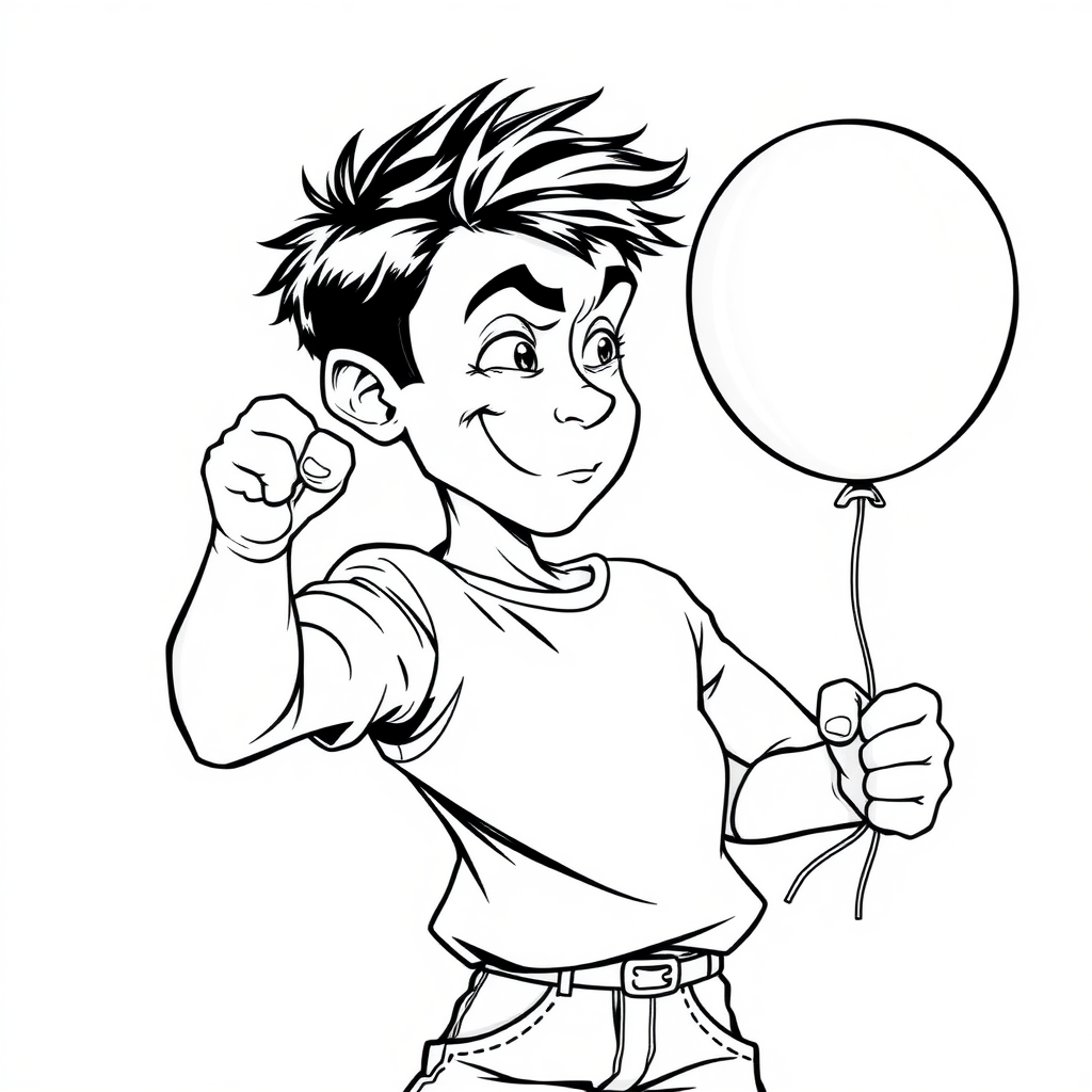 short 15 year old european skinny boy, punching a balloon, tense fabric, massive bulge, side view, 2D, caricature, cartoon, Sketch lines, coloring book, coloring book style on white background, well composed, clean coloring book page, No dither, no gradient, strong outline, No fill, No solids, vector illustration, realistic proportions