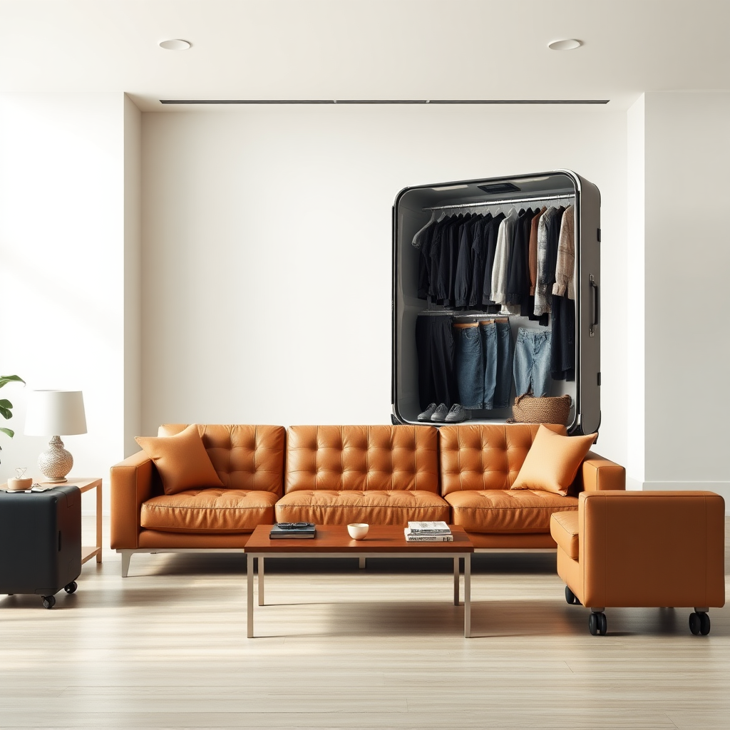 Commercial shoot, surreal indoor landscape, generate an image of luggage photography, featuring a spacious indoor living room with a warm white color scheme. In the center of the living room is a genuine leather sofa and a coffee table. The sofa is placed directly in the middle of the living room, facing an enormous and wide-open standing suitcase in front of a blank wall in the distance. The suitcase is filled with various clothes and pants. Tags: 8k