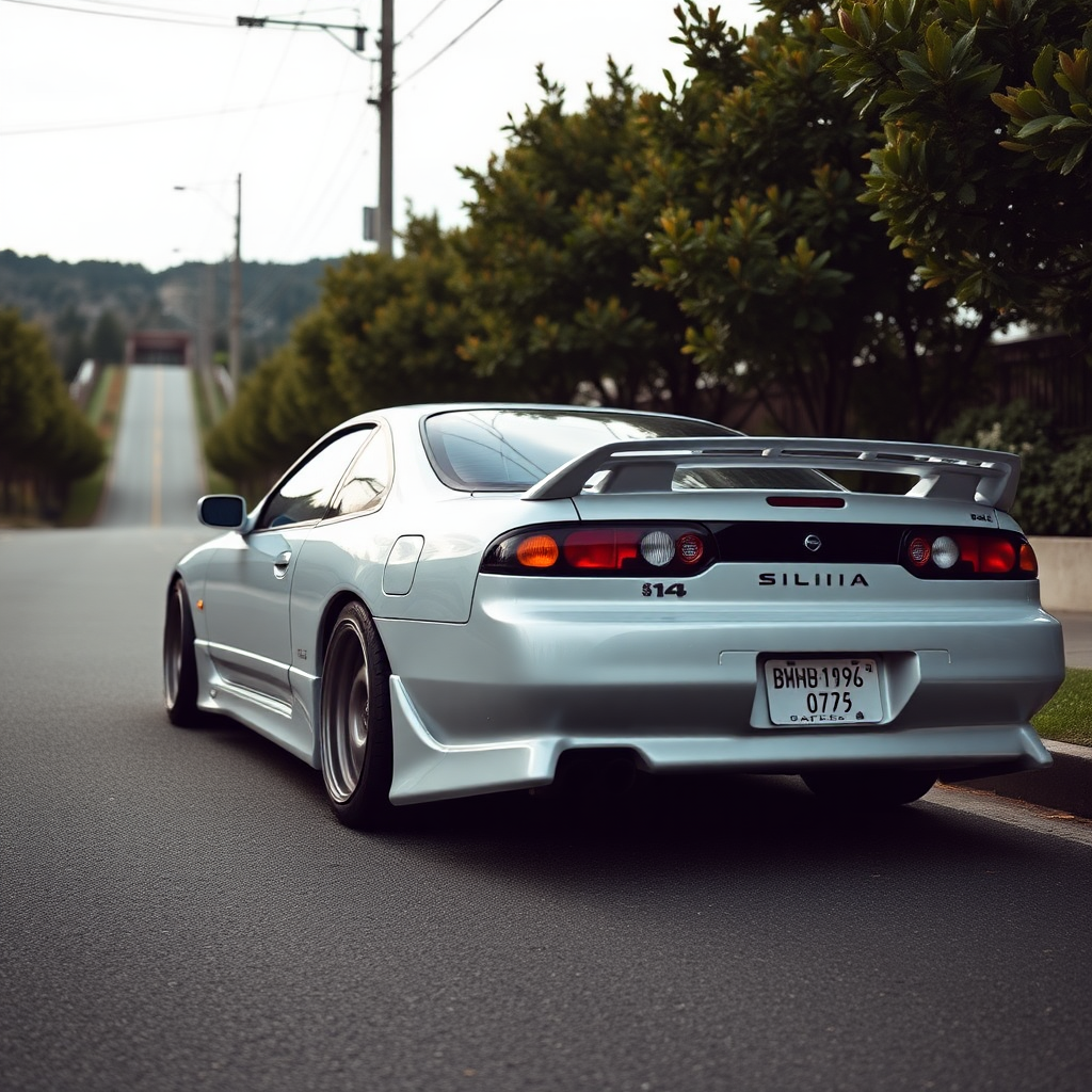 Nissan Silvia S14 the car is parked on the side of the road, inspired by Taiyō Matsumoto, tumblr, restomod, nd4, c4.