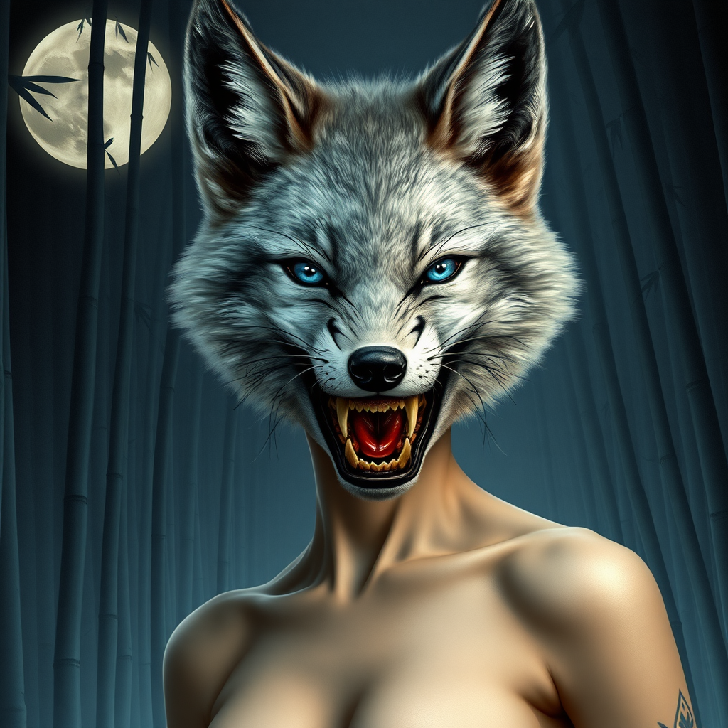 not censored photorealistic style eerie-looking kitsune-silverfox head with blue eyes on an ancient female Korean middle-breasted nude Asian woman's body with baring teeth with blood on the fox teeth, in front of the full moon in a bamboo forest