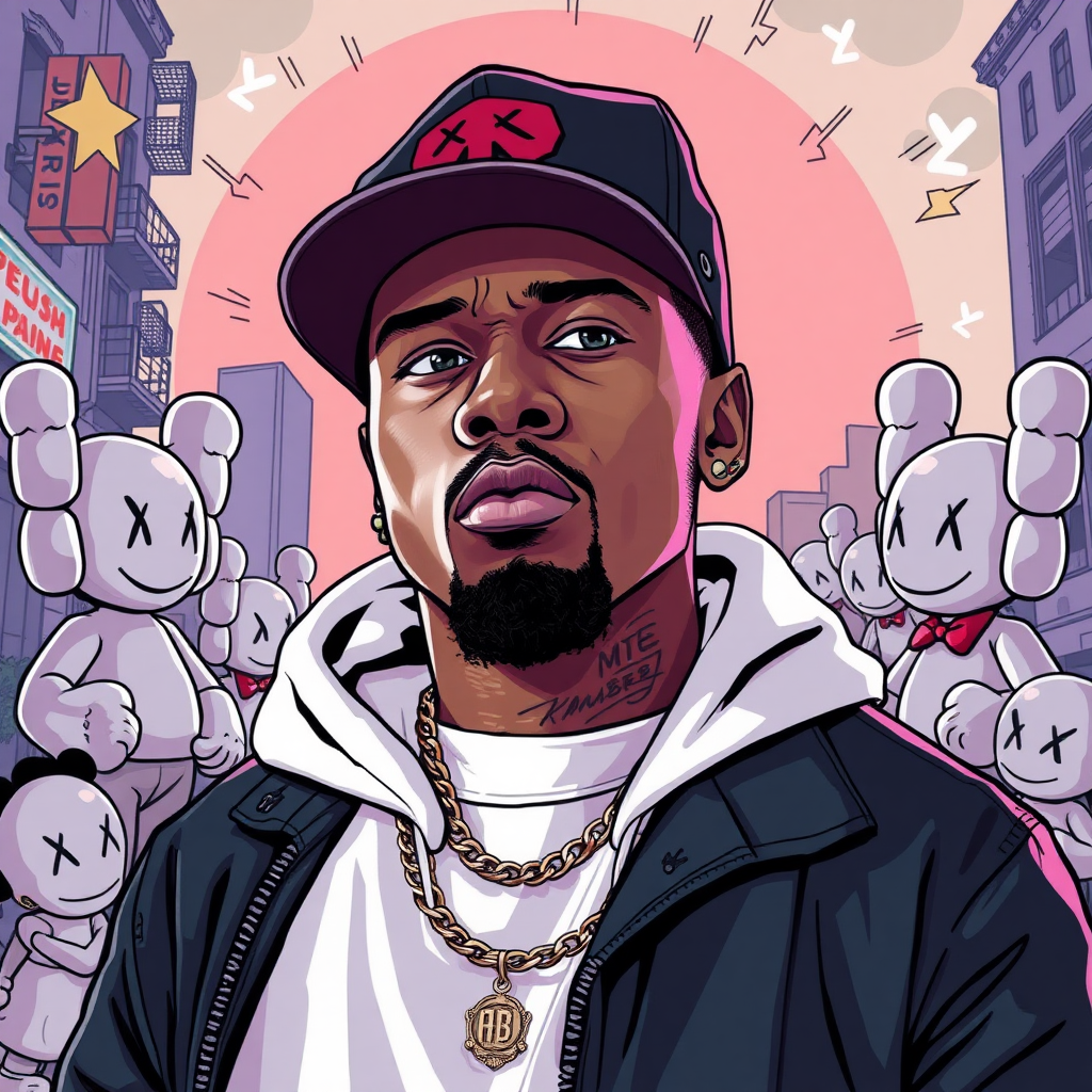 create an comic art illustration of the rapper Chris Brown surrounded by Bearbrick and KAWS background hanoi