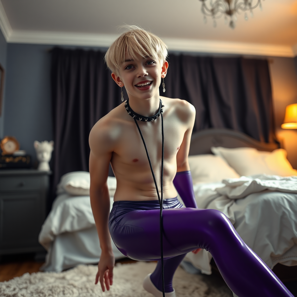 photorealistic, ultra high resolution, 16K, surreal fantasy, studio lighting, a pretty 14 year old goth male, slim male physique, short blonde hair, goth makeup, earrings, glossy purple pantyhose, white ballet shoes, spikey neck collar and leash, in the bedroom, excited smile, facing the camera.