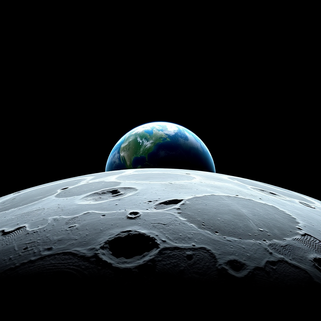 Earth rising above the moon's horizon, captured in a hyperrealistic style. The scene depicts a stark contrast between the rough, gray lunar surface and the vibrant blue and green hues of Earth. The Earth appears partially illuminated, showcasing swirls of white clouds and deep oceans, while the moon's surface is textured with fine details and shadows, adding depth. The background is an expansive, inky blackness of space, emphasizing the isolation of the moon and the brilliance of Earth, evoking a sense of wonder and cosmic perspective.