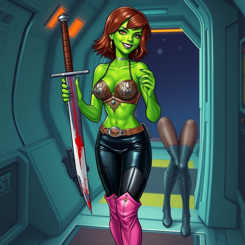 Tall, beautiful green skinned woman. Her brown hair is in a shag-cut style. Her eyes are gold. She is dressed in an ornate metal bra. She is wearing black leather pants, with pink knee high boots. She is holding a large, bloody dagger in a threatening manner. She is smiling. A sci-fi looking gun is holstered at her hip. Standing next to her, hand on her shoulder is an older green skinned woman, dressed in a metal bikini and gray knee boots. She is at a sci-fi space-port.