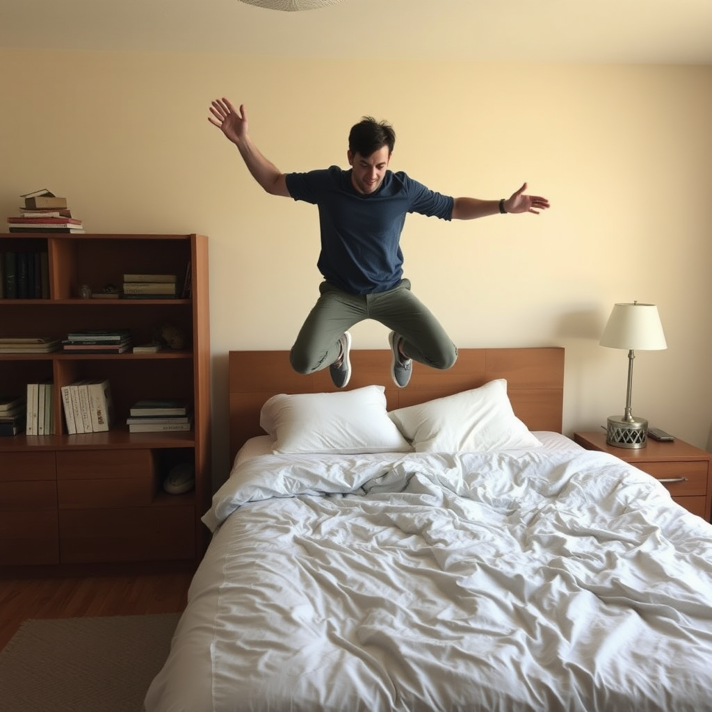 Guy jumping to his bed