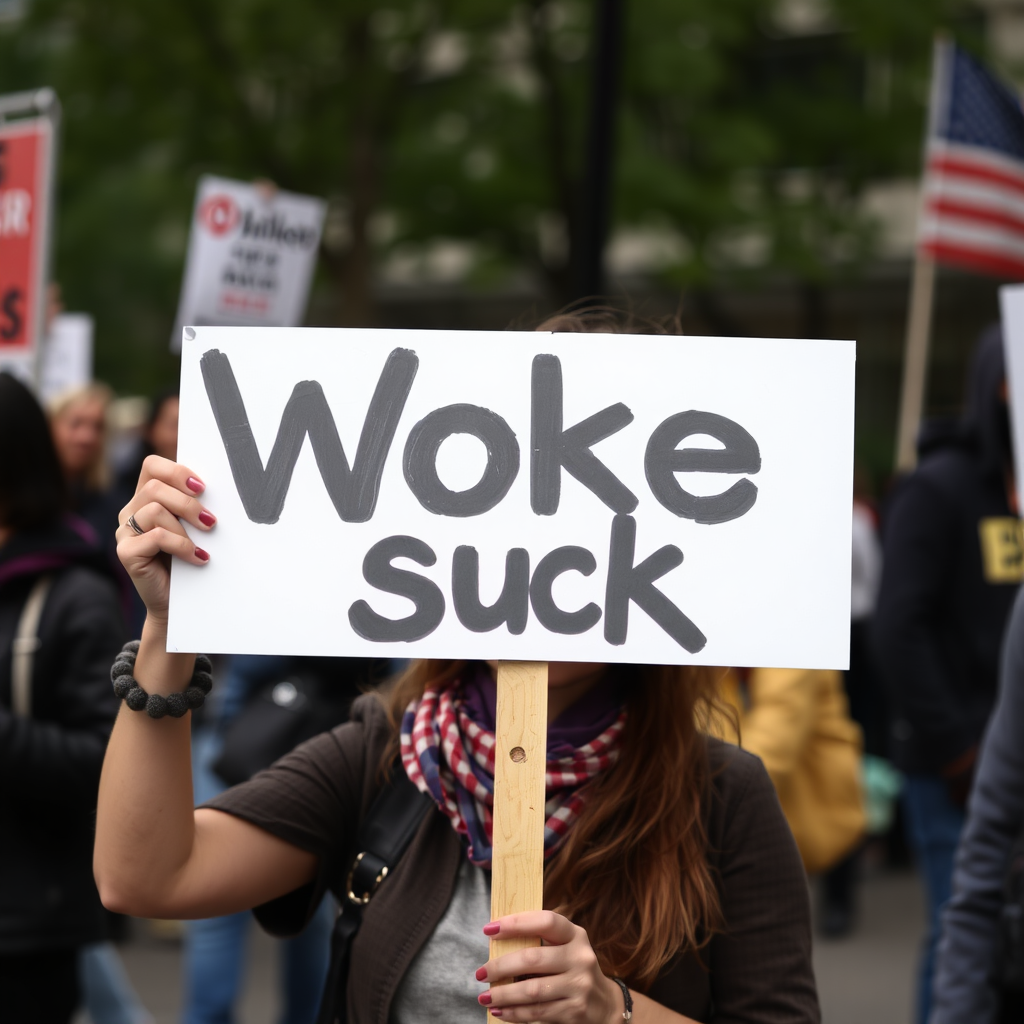 Woman holds a sign "Woke suck"