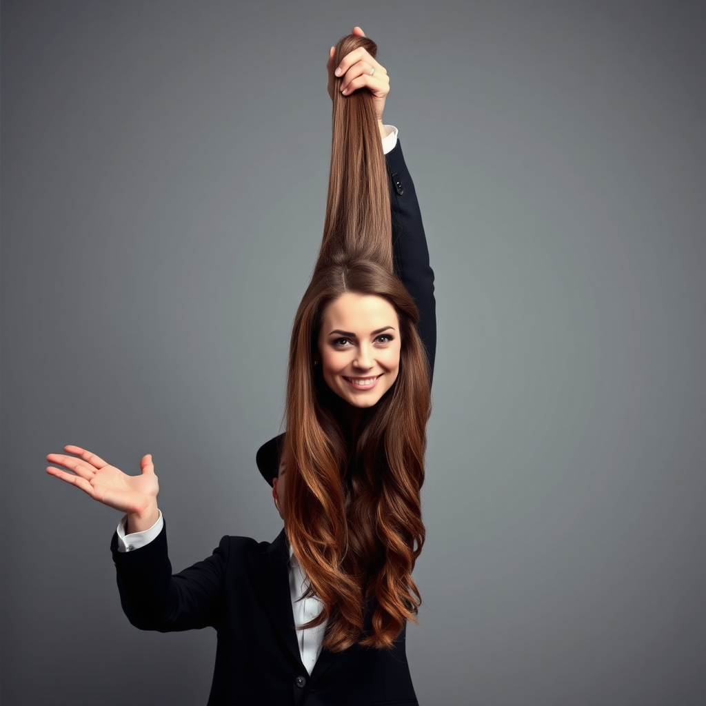 A surreal image of a magician holding up the disembodied head of a very long-haired Kate Middleton. He is grabbing her very long hair and pulling it up high in the air, while her head is hanging by her hair from his grasp to display it to the camera. Plain gray background.