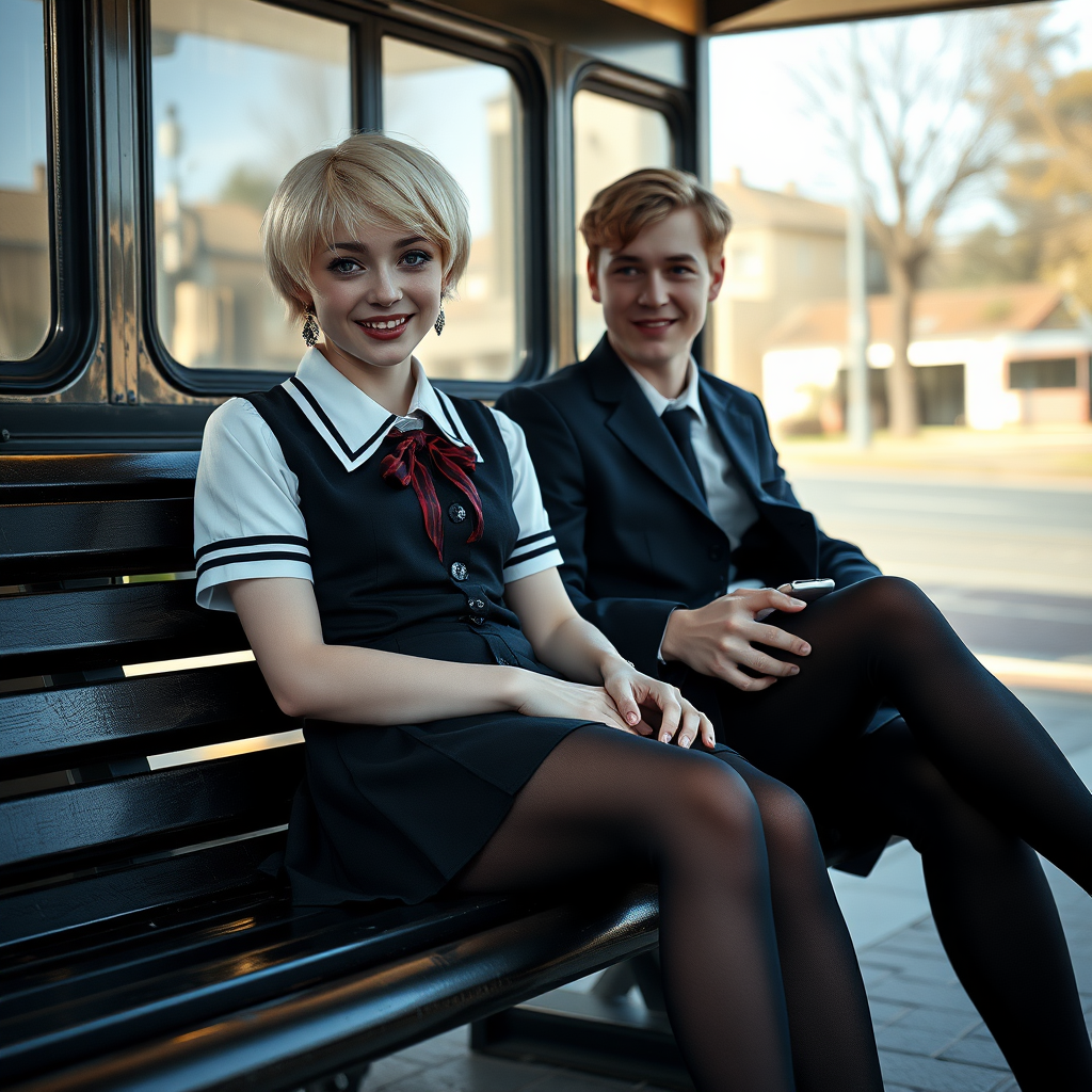 photorealistic, ultra high resolution, 16K, surreal fantasy, soft studio lighting, a pretty 18 year old goth male, slim male physique, short blonde hair, goth makeup, earrings, shiny black pantyhose, UK girls-school uniform, Mary-Jane shoes, sitting on his boyfriend's lap on a bench waiting for the school bus, in daylight, excited smile, facing the camera.