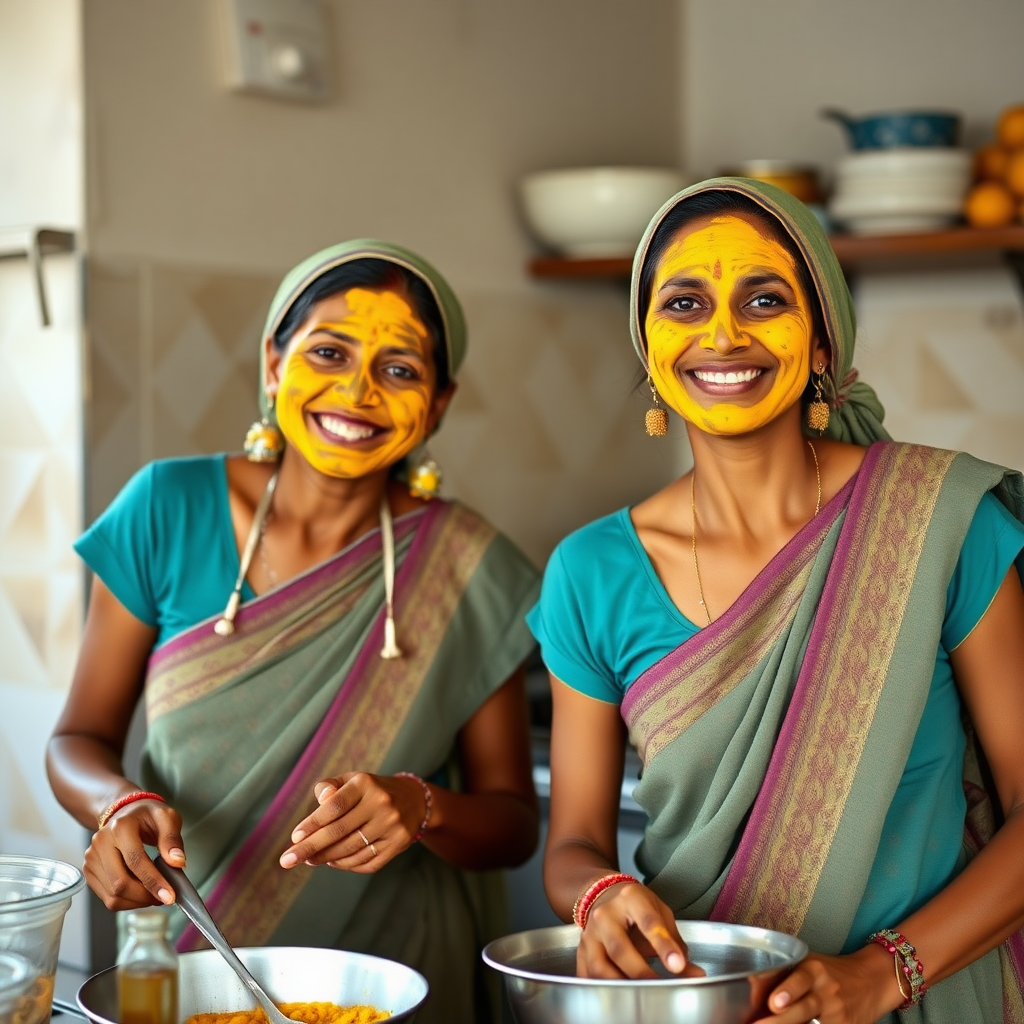 2 skinny, happy, 30-year-old Indian maids. They are preparing food in the kitchen. Their faces are covered with turmeric face masks.