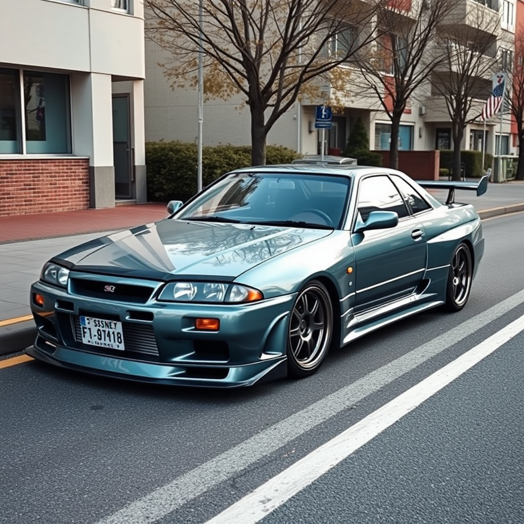 the car is parked on the side of the road, inspired by Taiyō Matsumoto, tumblr, restomod, nd4, c4 metallic shine nissan skyline r34