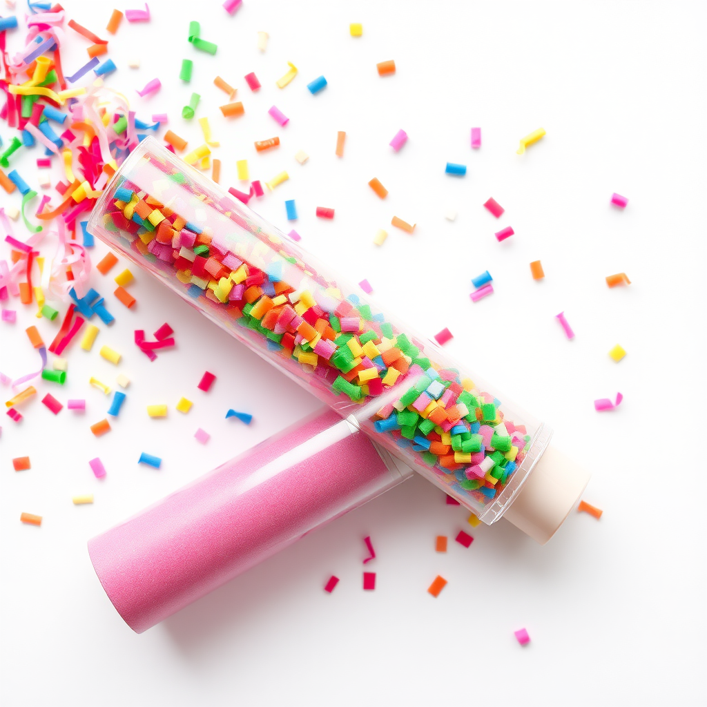 colorful confetti popper tube lying flat at an angle with confetti around it, white background, realistic