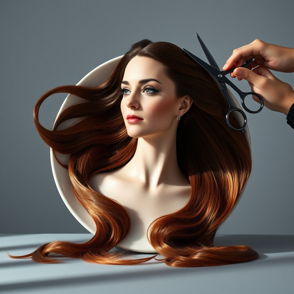 In a strikingly surreal scene, a beautifully crafted porcelain plate holds the disembodied head of a graceful Kate Middleton, her long, flowing hair cascading around like a luxurious waterfall of silky strands, shimmering in various shades of deep chestnut. Each hair seems to catch the light, creating an almost ethereal glow. Nearby, a meticulous hairdresser, dressed in a sleek black apron, carefully snips away at Kate's locks with precision scissors, their actions fluid and deliberate, emphasizing the delicate artistry of the moment.

The setting boasts minimalist decor, with a plain gray background that heightens the focus on this bizarre tableau. Soft shadows play across the smooth surface of the plate, enhancing the haunting beauty of Kate's serene expression, which conveys both elegance and an uncanny sense of stillness. The atmosphere is a blend of surreal calm and unsettling intrigue, pulling the viewer into a dreamlike space where reality and imagination intertwine. Gentle noises of scissors softly clipping away hair are the only sounds in this peculiar yet captivating scenario, heightening the tension and drawing viewers into this striking juxtaposition of beauty and the bizarre.