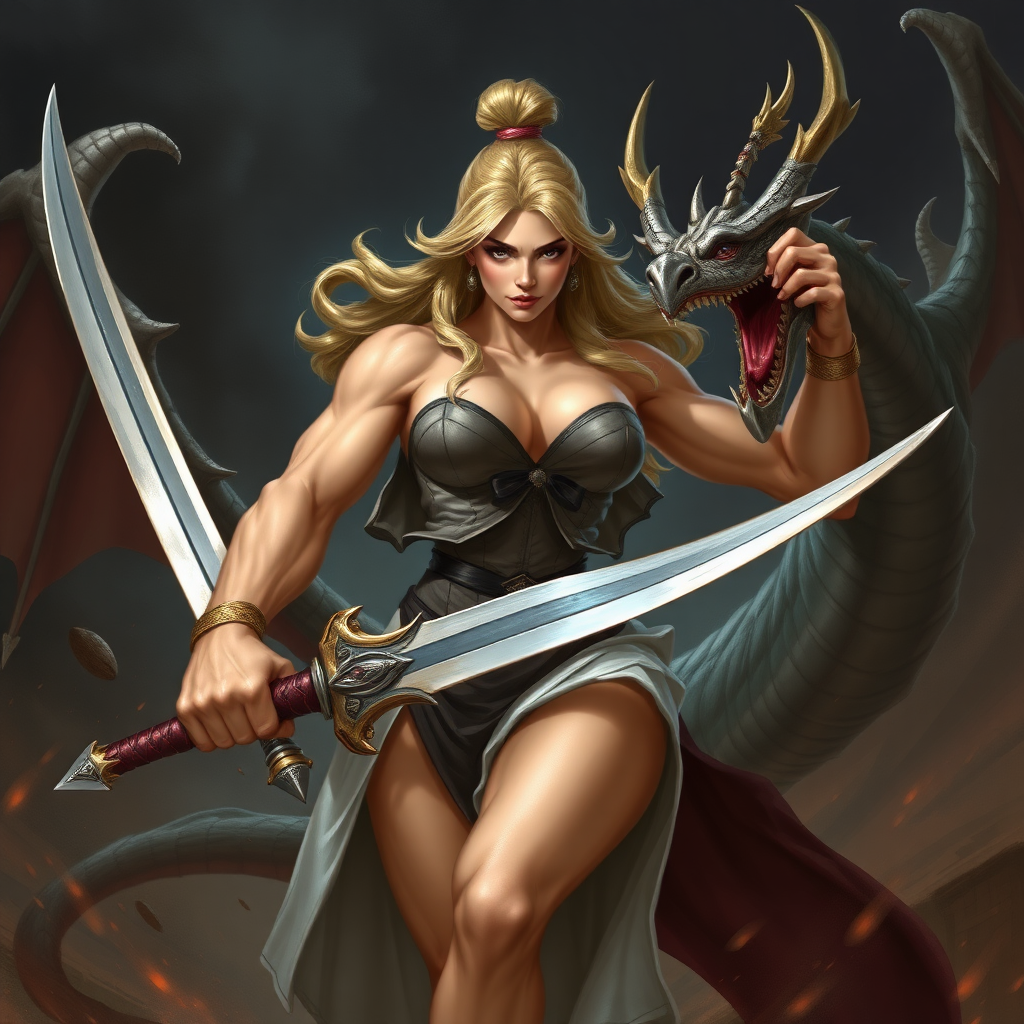 strong massive huge muscular bodybuilder girl, strapless dress, sword, fighting dragon