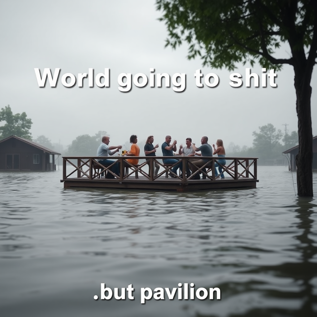 Create an image of a pavilion in a flooded environment and people comically partying on it drinking beer while the world is completely overflooded. Focus on the humorous contrast of the situation. Include the text "World going to shit" The bottom part should have the text "but pavilion"