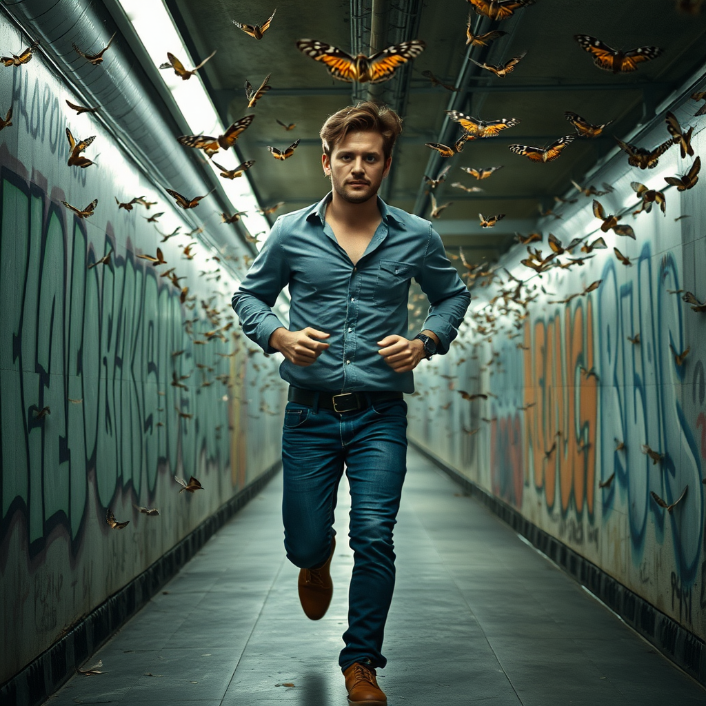 The image shows a tired handsome man running in the Polish subway with graffiti on the walls on either side. He is wearing a shirt and jeans. There are hundreds of moths flying in the air and lights illuminating the scene. Dark Cinematic style, very natural skin.