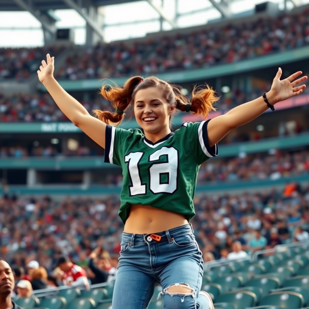 Attractive female NFL fan, pigtail hair, jumping, inside crowd, arms raised, in the bleachers, NFL stadium