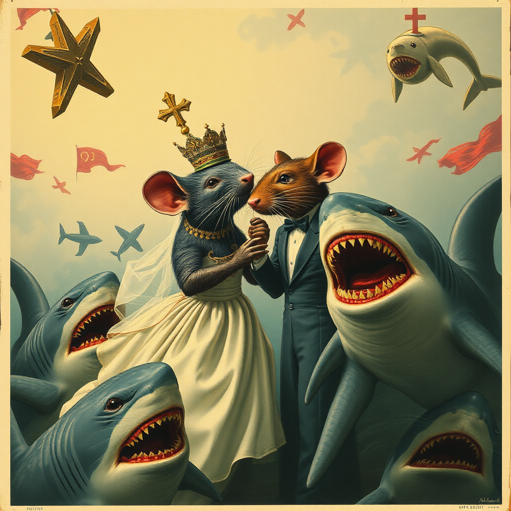 A rat wedding being attacked by sharks, Catholic, Soviet propaganda poster, steam punk, no text, Lovecraftian