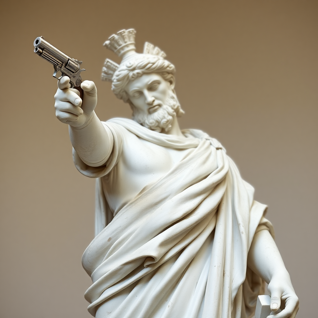 Art. Roman statue with a pistol posing.