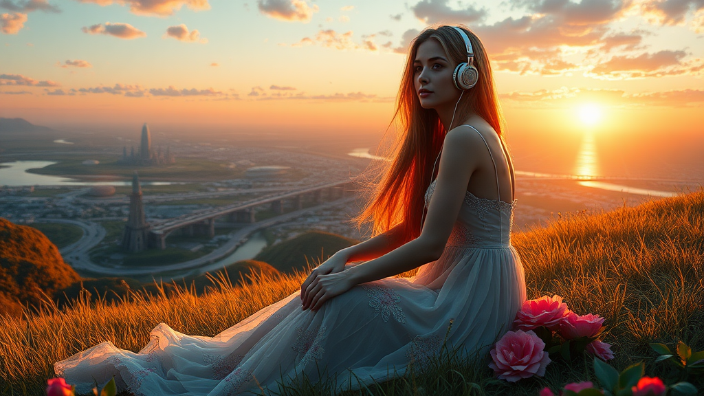 pretty woman long hair, pretty dress, sit on the grass with flowers, with headphone, alien planet, aliens buildings, with nice greenery flowers and rivers, beach, nice sunset, highways and streets, ultra realistic view high detail