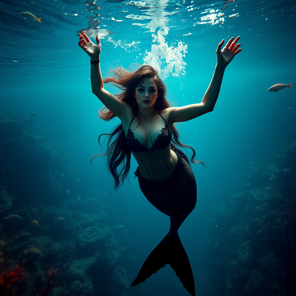 Vampirella floating underwater as a very sexy mermaid. The sea is deep and mysterious and filled with a myriad of ocean life plants, fish, and other aquatic life. Her glamor brought to real life in high definition DSLR. Dramatic lighting and shadows. Arms up.