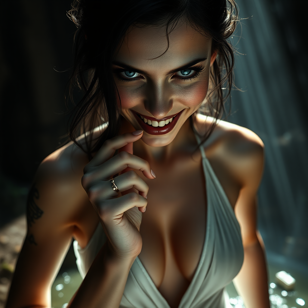 Enigmatically alluring inviting and scary looking smile.  
Running through a secretive place, a small pond with God rays of light shining on her face in a glade in a tall magical forest where she lives, ready for a nude swim at any moment.

The image presents Beautiful Hell standing with a powerful and commanding presence. She is a hyper photo realistic woman, visibly sweating, exuding menace, sexuality aroused and beauty. The background is dark and mysterious, enhancing her enigmatic presence and adding depth to the image.

Her dark raven-black hair cascades down in soft, wavy strands often caught in a breeze, contrasting sharply against her pale, flawless unblemished skin with delicate feminine sexual tattoos sprinkled around her body.

Beautiful Hell has a strikingly beautiful face with fine unbroken porcelain white skin and smooth defined features. Her mouth slightly open, with an index finger laying on her lip and the tip of her finger in her mouth. And her teeth are hyper realistic.

Her eyes are sharp and in focus when zoomed in to one of her eyes. Her eyes are a piercing blue, intensely realistic, bright and crisp, and realistically detailed and deep, are intense and captivating, capable of drawing you in and intimidating anyone who meets her gaze. Her eyes show an intense need to own the viewer, framed by long dark lashes, adding to their dramatic effect. Her expression is sexual and menacing and intense, reflecting her dual nature.

Emotional and Visual Impact:  
The image evokes a sense of raw sexual attraction and admiration for Beautiful Hell’s beauty, body, intricate revealing, intimacy, and intensity. The combination of transparent sheer fabric, a deep and wide plunge line that reveals the edge of her nipples, and delicate ultra-light white silk of her dress creates a balance between elegance and sexual allure, making her beautiful to linger your gaze upon, unavoidably sexually attractive, and intimidating. The visual intensity of the image is heightened by the dark, mysterious background, which adds to her enigmatic presence. The overall emotional response is a mix of admiration for her beauty, a subtle unnerving sense of fear or respect, and mostly for her bold, daring, sexual attention demanding design that she wears to specifically honor her deliberate and lead the viewer to physical sexual attraction to her. Her demeanor and physical exposure are outrageously bold, giving her an openly gleeful and ecstatic smile reflected in her brilliant blue eyes, and inviting anyone to oppose her.

Dress Design and Features:  
Plunge Line: The dress, made of a thin revealing silk, shows the colors of her areolas and features a deep and wide plunge line that extends to just below her belly button, revealing the smooth skin of her torso and her belly button, emphasizing the dress's allure and Beautiful Hell's alluring natural sexuality. The dark, remarkably fine silk of the dress clings closely to her figure, accentuating her curves and emphasizing her feminine form.