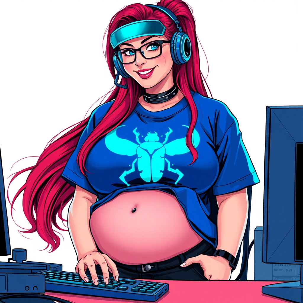 A cyberpunk vigilante’s full-figured intelligent and tech-savvy 29-year-old girlfriend, who is a computer hacker and tech genius. She has a long ruby red ponytail and bright blue eyes. She wears a sapphire beetle gemstone necklace, and an oversized maximum blue t-shirt featuring a giant neon blue glowing icon of a beetle on its chest. She has a full-figured physique with a prominent, gargantuan, well-rounded midsection, reflecting her well-cared-for lifestyle. She sports a sapphire headset with hi-tech maximum turquoise lensed HUD visor, black eyeglasses, and a beaming smile with a passionate bright red blush. Despite her figure and a lack of self-esteem, she radiates an air of beauty. She has a slim face which contributes to her radiant beauty. She serves as his tech expert from his hideout, diligently working at her lab table and computer desk. The background is solid white. She is drawn as if she was in a retro 2D cyberpunk fighting game.