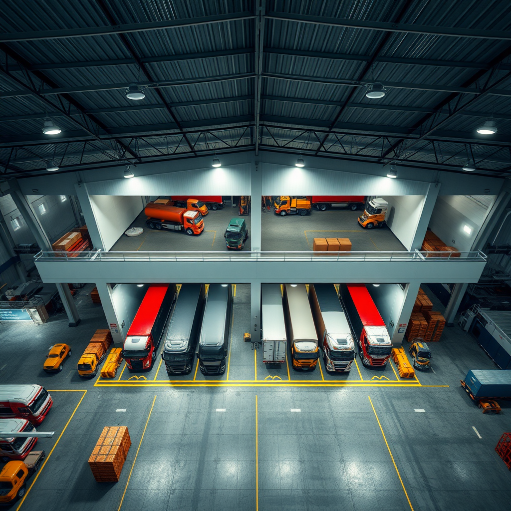 Modern logistics center 20,000 m², with two-story truck docking, from a bird's eye perspective