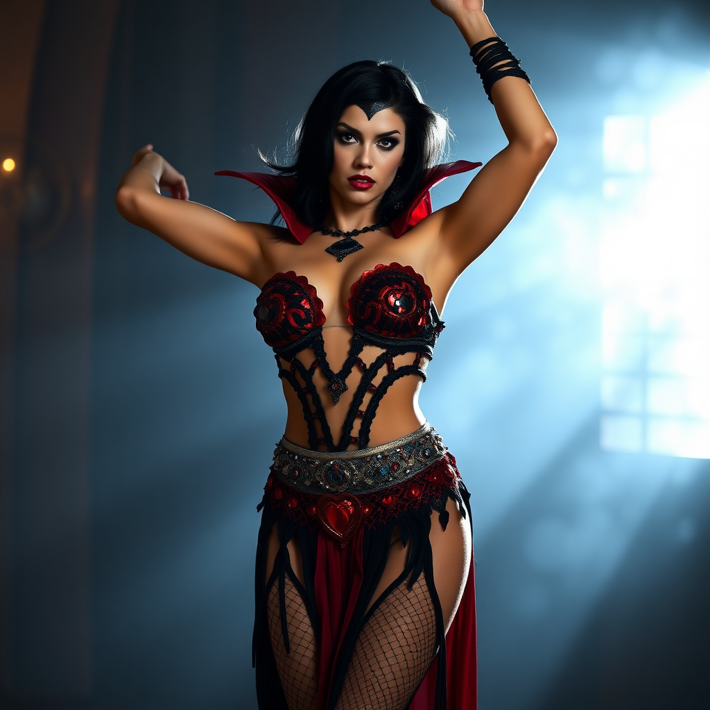 imagine: Vampirella both arms up menacingly at the viewer intensely with one arm up high in the air. She's wearing a Vampirella themed sexy belly dancing outfit with insane detailing. Cosplayed by a Romanian dancer.