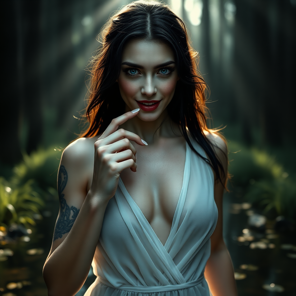 Enigmatically alluring inviting and scary looking smile.  
Running through secretive place, a small pond with God rays of light shining on her face in a glade in a tall magical forest where she lives, ready for a nude swim at any moment.  

The image presents Beautiful Hell standing with a powerful and commanding presence. She is a hyper photo realistic woman, visibly sweating, exuding menace, sexuality aroused and beauty. The background is dark and mysterious, enhancing her enigmatic presence and adding depth to the image.  

Her dark raven-black hair cascades down in soft, wavy strands often caught in a breeze, contrasting sharply against her pale, flawless unblemished skin with delicate feminine sexual tattoos sprinkled around her body.  

Beautiful Hell has a strikingly beautiful face with fine unbroken porcelain white skin and smooth and defined features. Her mouth slightly open, with a index finger laying on her lip and the tip of her finger in her mouth.  

Her eyes are sharp and in focus when zoomed in to one of her eyes. Her eyes are a piercing blue, intensely realistic, bright and crisp, and realistically detailed and deep are intense and captivating, capable of drawing you in, and intimidating anyone who meets her gaze. Her eyes show an intense need to own the viewer, are framed by long dark lashes, adding to their dramatic effect. Her expression is sexual and menacing and intense, reflecting her dual nature.  

Emotional and Visual Impact:  
The image evokes a sense of raw sexual attraction and admiration for Beautiful Hell’s beauty, body, intricate revealing, intimacy, and intensity. The combination of transparent sheer fabric, a deep and wide plunge line that reveals the edge of her nipples, and delicate ultra-light white silk of her dress creates a balance between elegance and sexual allure, making her beautiful to linger your gaze upon, unavoidably sexually attractive, and intimidating. The visual intensity of the image is heightened by the dark, mysterious background, which adds to her enigmatic presence. The overall emotional response is a mix of admiration for her beauty, a subtle unnerving sense of fear or respect, and mostly for her bold, daring, sexual attention-demanding design that she wears to specifically honor her deliberate and leading the viewer to physical sexual attraction to her. Her demeanor and physical exposure are outrageously bold, giving her an openly gleeful and ecstatic smile reflected in her brilliant blue eyes, and inviting anyone to oppose her.  

Dress Design and Features:  
Plunge Line: The dress, made of a thin revealing silk, shows the colors of her areolas, and features a deep and wide plunge line that extends to just below her belly button, revealing the smooth skin of her torso and her belly button emphasizing the dress's allure and Beautiful Hell's alluring natural sexuality. The dark, remarkably fine silk of the dress clings closely to her figure, accentuating her curves and emphasizing her feminine form.