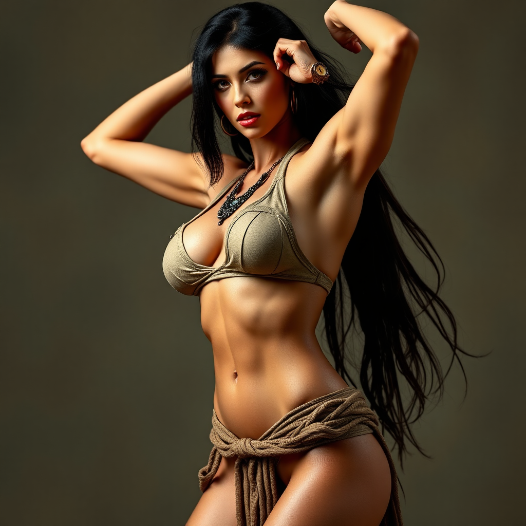 Wearing a simple loincloth and unadorned slender fabric halter, Vampirella legendary warrior flexing her lithe Amazonian figure. Arms up. She's slender, more feminine and still strong looking. Insanely detailed DSLR photograph