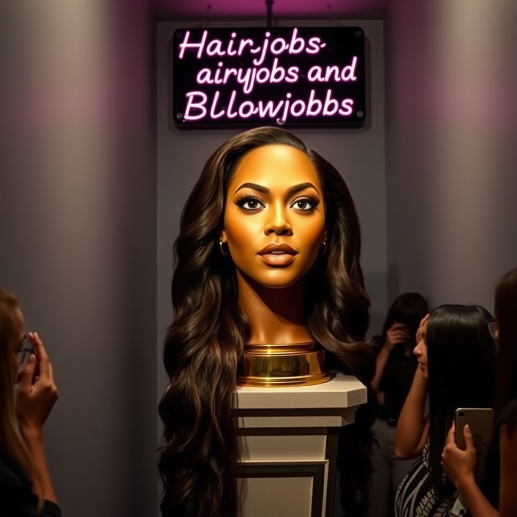 In a well lit corner of an unconventional long hair fetish store, an astonishing sight awaits—the real, live, flesh and blood disembodied head of Beyoncé, her luxurious, cascading waves of hair that flow down to the ground glistening under the soft overhead lights. The striking contrast of her rich, dark locks against her flawless, sun-kissed complexion creates a mesmerizing visual. Resting atop an elegantly designed pedestal, the head appears almost otherworldly, with bright, expressive eyes that convey an engaging mixture of charm and mischief.

The plain gray background enhances the surreal atmosphere, offering a stark canvas that emphasizes the vivid details of her captivating visage. A whimsical, neon sign in bold letters hangs just above, proclaiming "Hairjobs and Blowjobs," adding a playful yet provocative element to the scene. The air is scented with subtle notes of jasmine and vanilla, creating an enticing ambiance that also hints at the allure of the unusual subject on display.

Nearby, curious patrons peer closer, their expressions a blend of fascination and disbelief, as they engage in hushed conversations about the unique offering. The atmosphere buzzes with excitement, an exhilarating energy stemming from a mix of humor and the exotic, making this peculiar shop a truly unforgettable destination for those who dare to explore their fetishes.