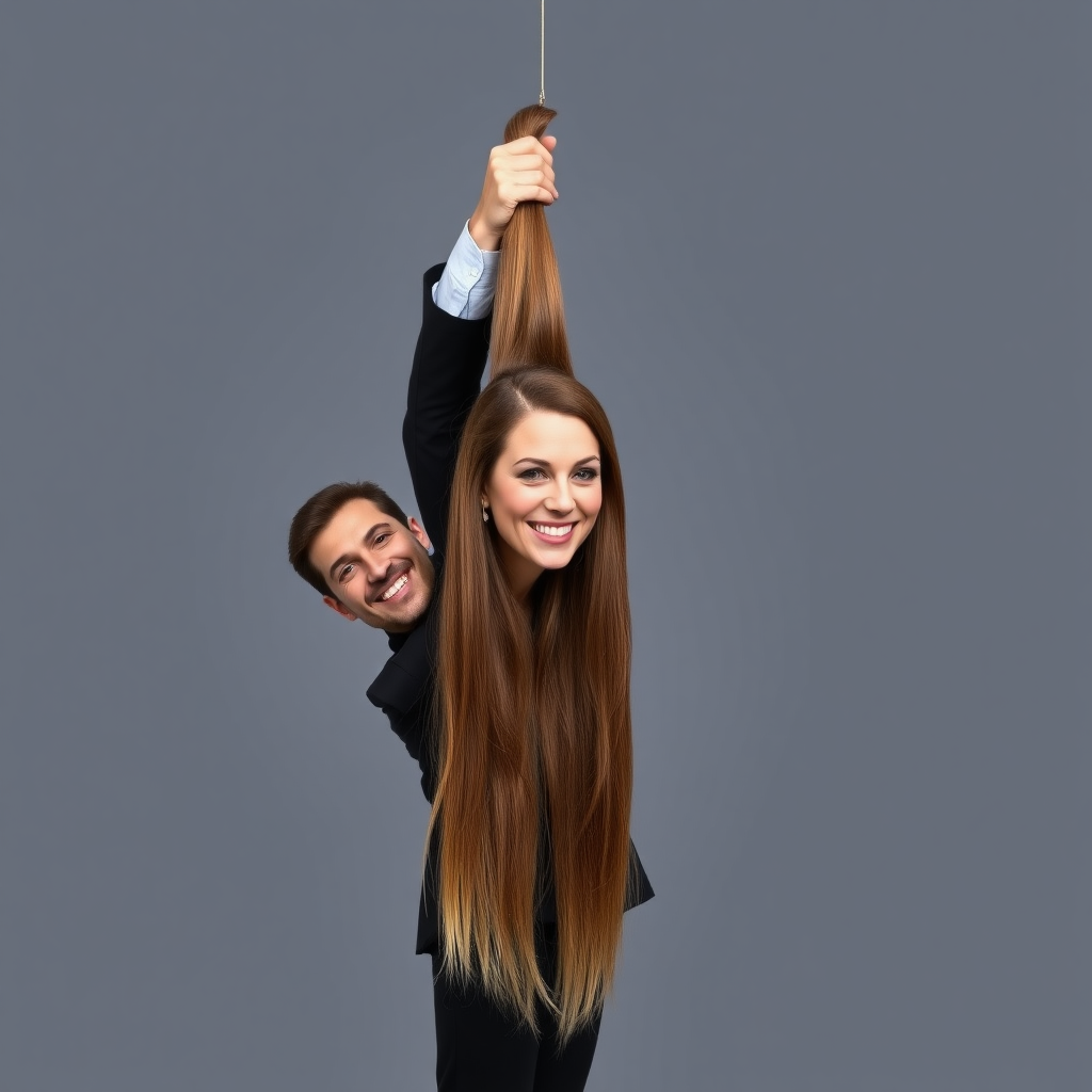 A surreal image of a smiling male magician standing to the side while holding up the disembodied head of a very long haired Kate Middleton. He is grabbing her very long hair and pulling it up high in the air, while her head is hanging by her hair from his grasp to display it to the camera. Plain gray background.