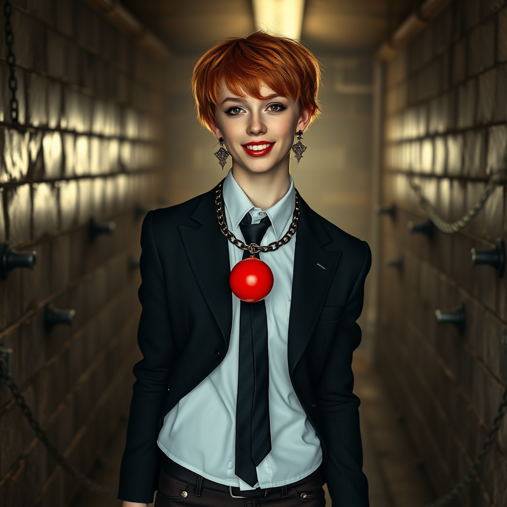 photorealistic, ultra high resolution, 16K, surreal fantasy, soft studio lighting, Tyler Swift is a pretty 18 year old goth male, slim male physique, auburn hair, goth makeup, earrings, shiny black pantyhose, school uniform shirt tie and blazer, Mary-Jane shoes, spikey neck collar chain and leash, red ball-gag, in a dungeon, the end of the leash is chained to the wall, in daylight, excited smile, facing the camera.