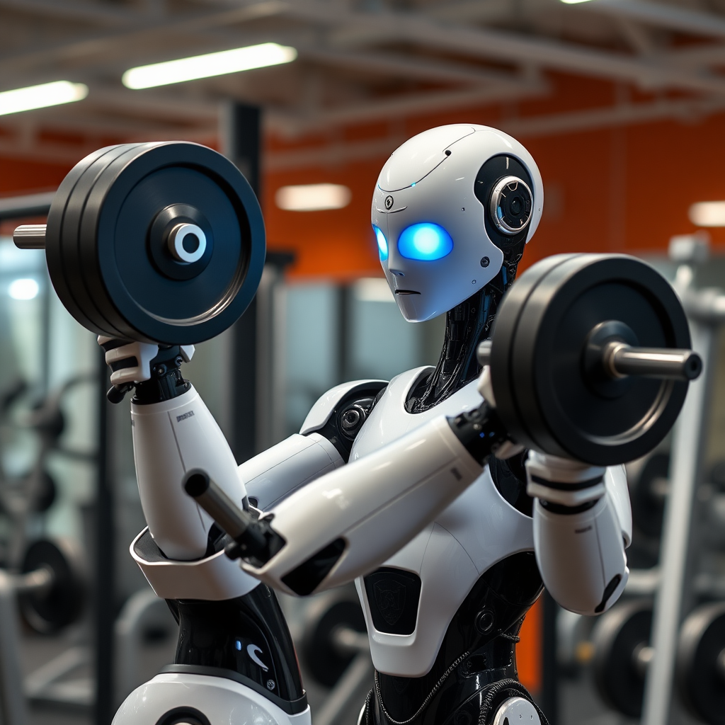 A humanoid robot lifting weight in a gym. The robot gets instructions and advice from its human fitness trainer.