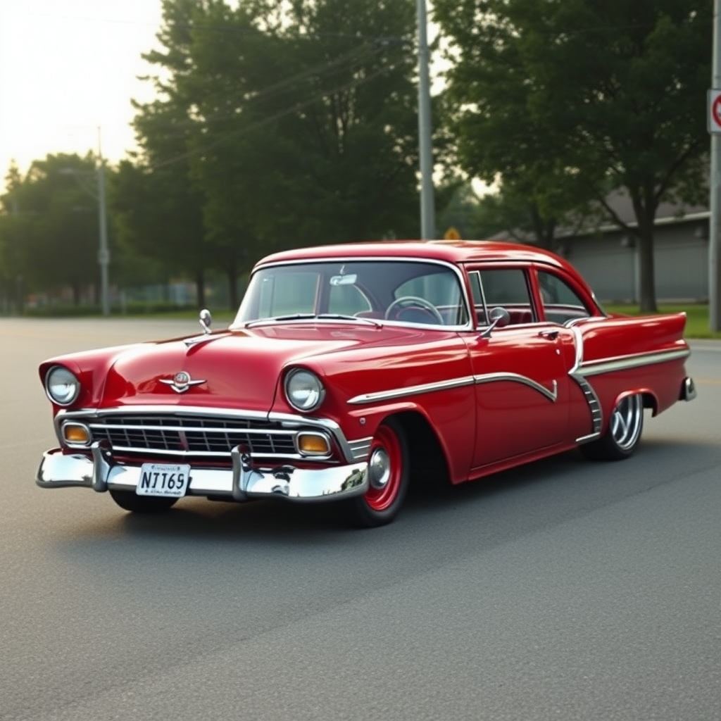 the drag car is parked on the side of the road, inspired by Taiyō Matsumoto, tumblr, restomod, nd4, c4 metallic shine candy red classic american low rider custom ford