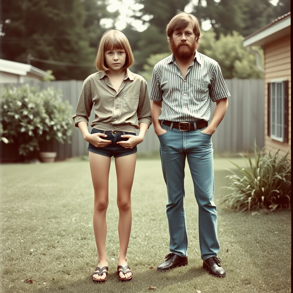 tall 14yo teen boy, long hair bob cut, wearing shirt and very tight booty shorts, long legs, narrow thighs, full-length front view. with bearded father wearing shirt, long jeans, shoes. 1970s. At backyard. photorealistic, ultra high resolution, 16K, Negative: grainy, blurry, bad anatomy, extra limbs, watermark.