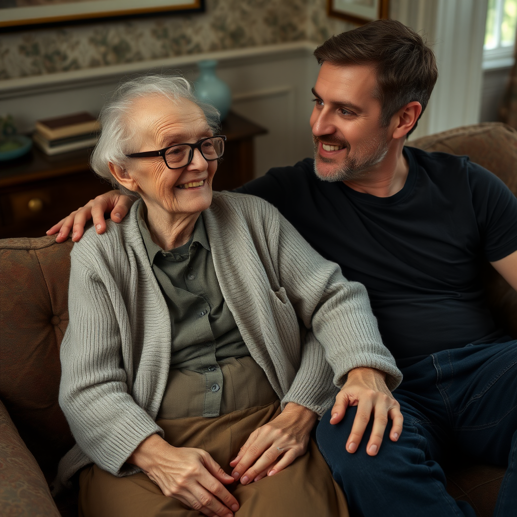 In a scene viewed from an angle and slightly above: In an old-fashioned English living room, a very frail, small and thin, very old and elderly English lady with a kind smile, short, thinning white curly hair, wrinkled face, neck and skin, wearing thin framed glasses, an old cardigan, blouse and long skirt is sitting on a sofa with an English man about 40 years old, grey stubble on his chin, brown hair, sitting close next to her on the same sofa, wearing a black T-shirt and dark blue jeans. The man and woman are smiling at each other. The woman is looking at the man's eyes and smiling. The man is looking at the woman's eyes and smiling.