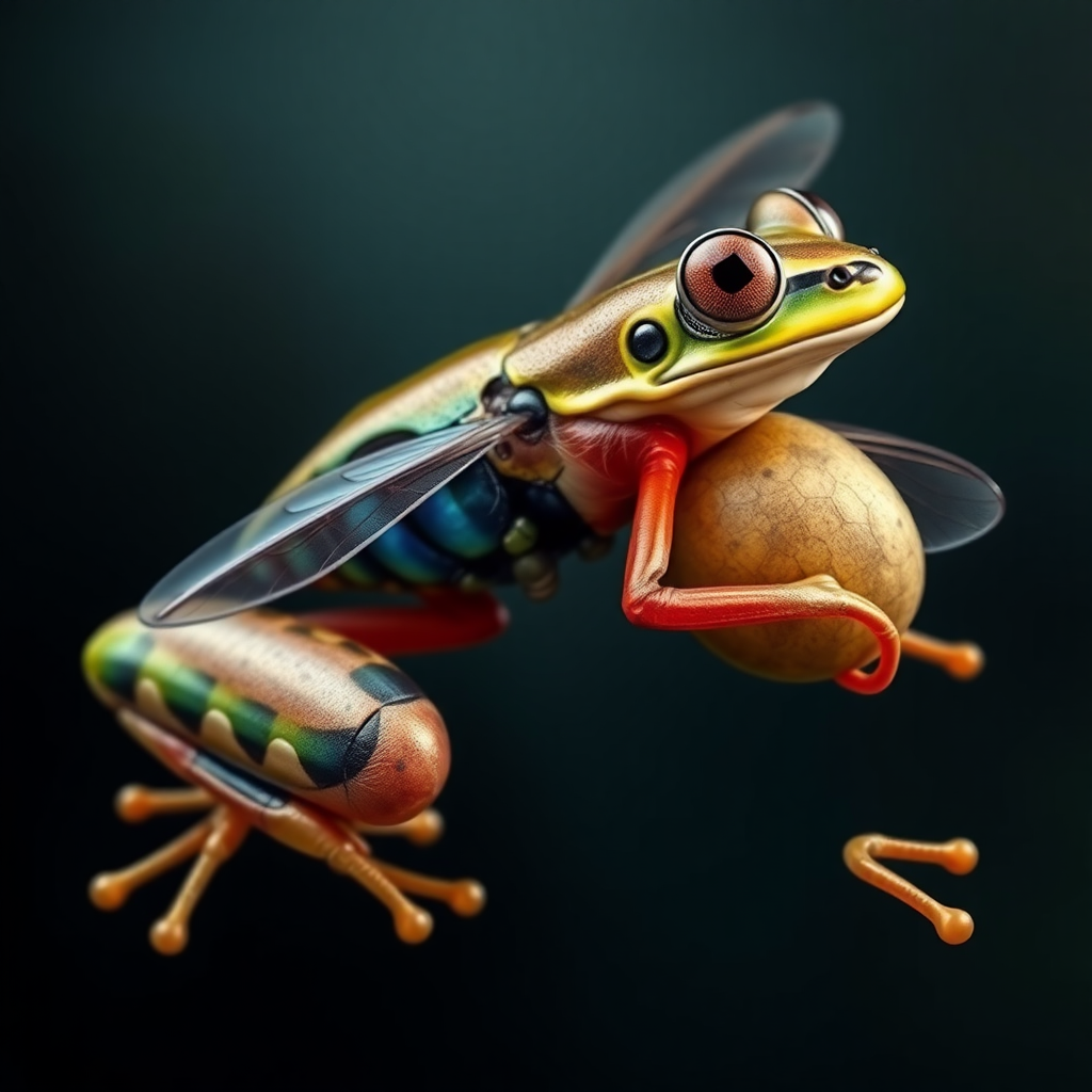 Generate a full-length, highly detailed image of a frog with its body structure seamlessly transformed into that of a horsefly. Ensure that the anatomical precision is maintained, showcasing the unique features of both creatures in harmony. The frog's vibrant colors and patterns should blend with the iridescent wings and facets of the horsefly. The background should reflect a natural habitat, adding depth and context to the composition. Render the scene in the style of award-winning wildlife photography, highlighting the textures and intricate details of this intriguing hybrid creature. Capture the essence of both animals in a visually striking way.