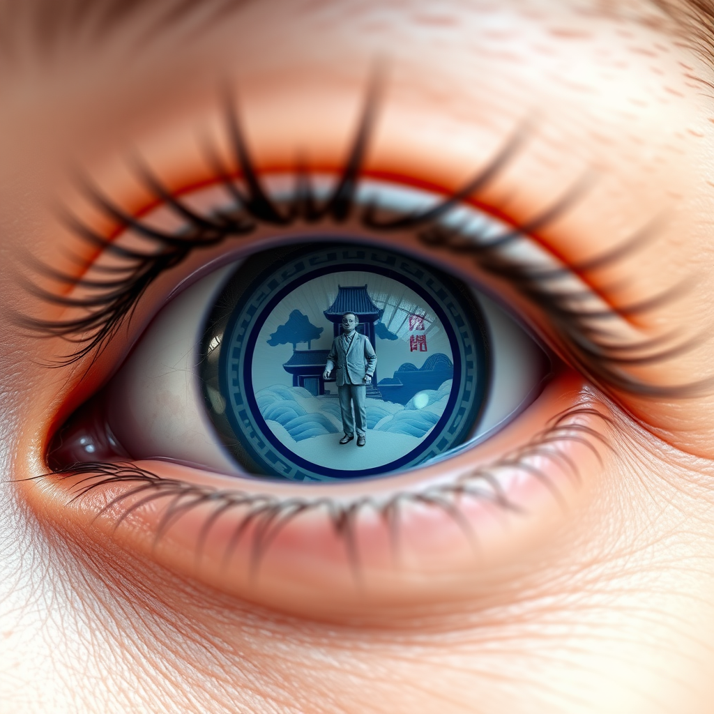 A close-up of eyes with lenses, The eye lens with traditional blue and white design Chinese blue white Design with a miniature man, trying to jump inside the lens looking like well. The composition emphasizes the eyes and its design, with flash light, focused lights, looking up, 16k, photorealistic, very closeup, soft skin texture visible, daytime, photography taken by window side.