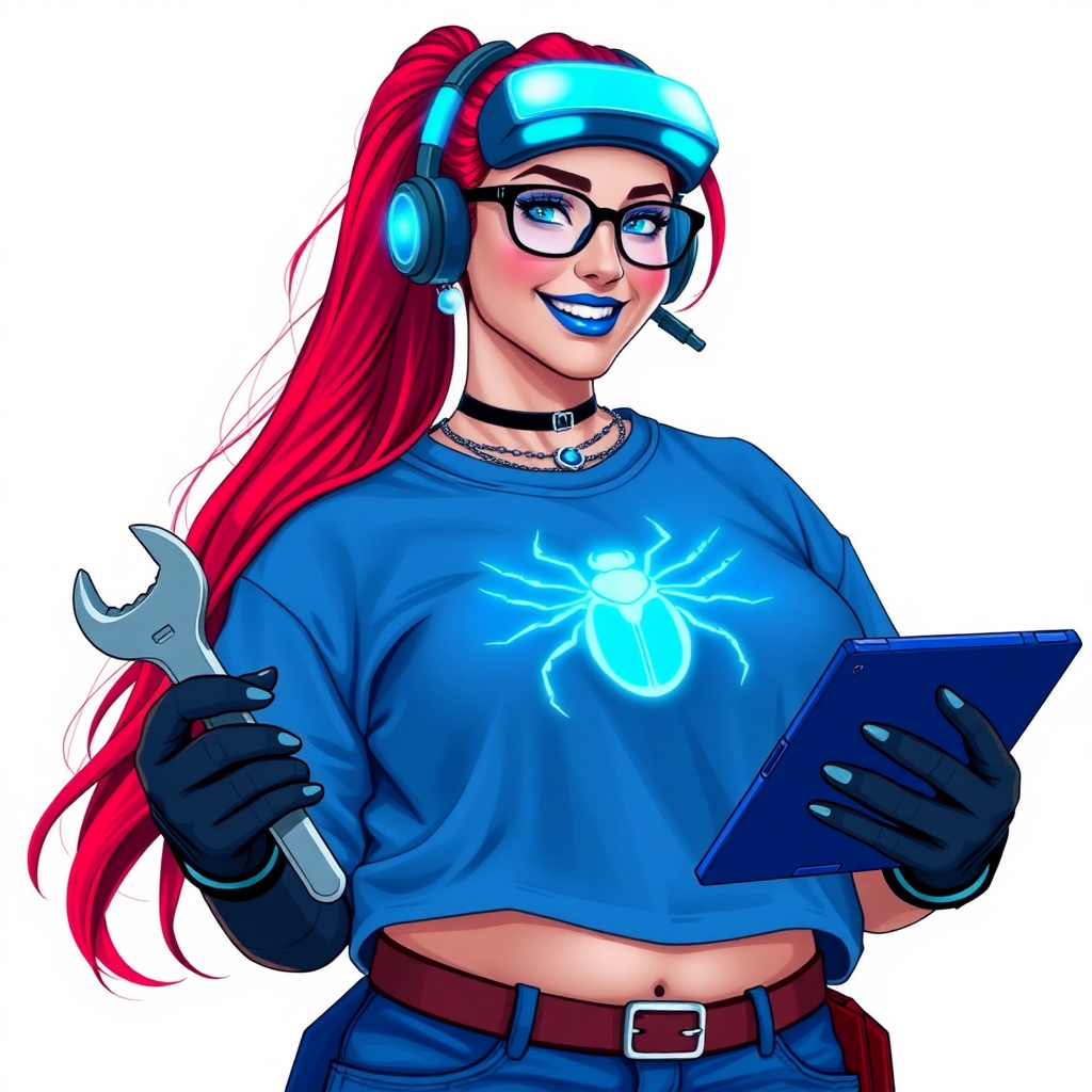 An intelligent and tech-savvy 29-year-old computer hacker and tech genius. She has a long ruby red ponytail. She wears maximum blue lipstick, blue eyes, a sapphire beetle gemstone necklace, sapphire earrings, black eyeglasses, hi-tech power gloves, and an oversized maximum blue t-shirt featuring a neon blue glowing beetle chest icon. She has a gargantuan full-figured physique with a prominent round gargantuan midsection, reflecting her well-cared-for lifestyle. She sports a sapphire headset with a hi-tech maximum turquoise lensed HUD, and a beaming smile accentuated by a passionate neon red blush. She serves as his tech expert from his hideout, holding a futuristic tool wrench and a futuristic digital tablet. The background is solid white. She is drawn as if she was in a retro 2D cyberpunk fighting game.