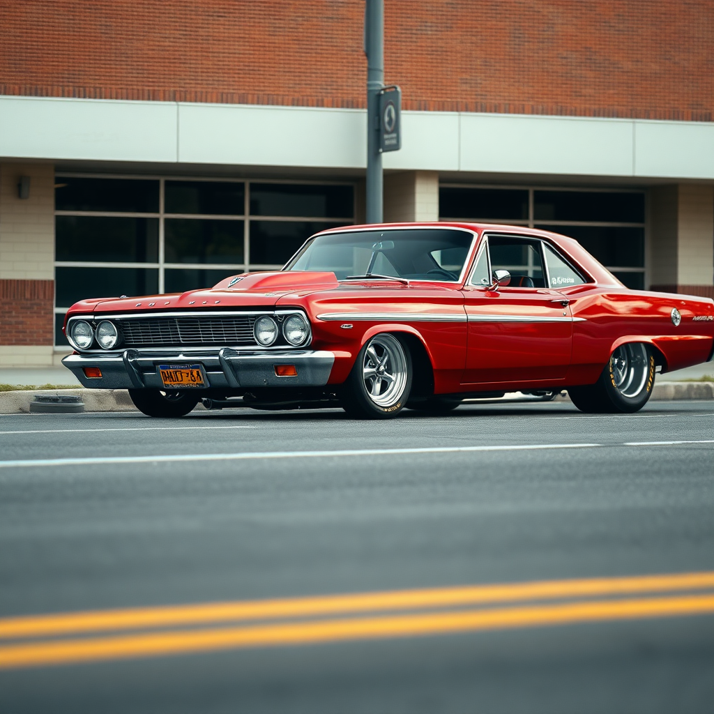 The drag car is parked on the side of the road, inspired by Taiyō Matsumoto, tumblr, restomod, nd4, c4 metallic shine candy red classic american low rider custom ford