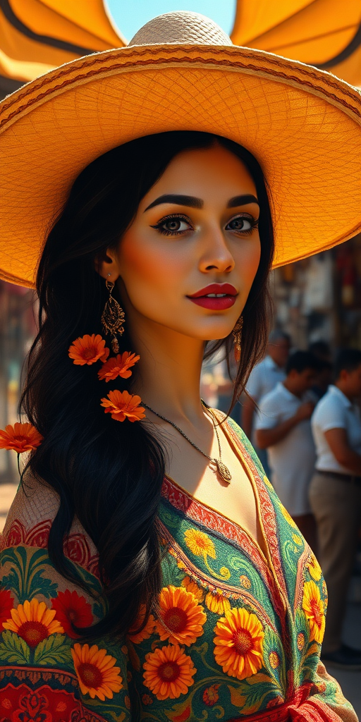 In a sunlit Mexican marketplace, a young woman stands gracefully, her vibrant attire adorned with intricate patterns that reflect the rich cultural heritage of her homeland. Above her, a wide-brimmed sombrero casts a soft, dappled shadow over her face and shoulders, framing her delicate features while emphasizing the warmth of the day. The scene captures a moment of serene beauty, rendered in a lavish style reminiscent of Gustav Klimt, where golden hues and ornate details swirl around her figure.

The artwork merges the elegant lines of art deco with the fragmented perspectives of cubism, creating a dynamic interplay of shapes and colors that dance across the canvas. The young woman’s dark hair cascades over her shoulders in flowing waves, interwoven with bright marigold flowers that add a pop of sunshine to the scene. Surrounding her, the market bustles with life, as hints of lively music and the distant laughter of children fill the air, each sound layering over the other like brushstrokes in a masterpiece.

Rendered in stunning 8k resolution as concept art, this piece embodies the spirit of splash art and neo-impressionism, with expressive splatters of color that evoke a sense of movement and vitality. The canvas, thick with layers of textured acrylic paint, showcases the artist's skill in smooth post-impressionist impasto techniques, making the colors pulse and vibrate with energy. Overall, the artwork captures not just the image of the woman, but the very essence of a vibrant culture that celebrates life, joy, and artistic expression.