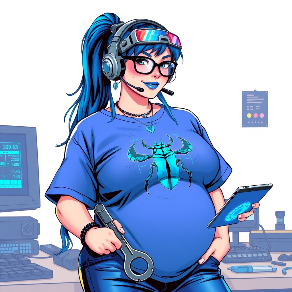 A cyberpunk vigilante’s full-figured intelligent and tech-savvy 28-year-old girlfriend, who is a computer hacker and tech genius. She has a long maximum blue ponytail. She wears maximum blue lipstick, blue eyes, a sapphire beetle gemstone necklace, sapphire earrings, black eyeglasses, and an oversized maximum blue t-shirt featuring a blue sapphire gemstone crusted chest icon of a beetle. She has a full-figured physique with a prominent, massive, round belly, reflecting her well-cared-for lifestyle. She sports a sapphire headset with a hi-tech maximum turquoise lensed HUD, and a shy smile with a neon red blush. She serves as his tech expert from his hideout, diligently working at her workbench and computer desk, while holding an electronic wrench and a holographic computer tablet. The background is solid white. She is drawn as if she was in a retro 2D cyberpunk fighting game. Ensure her maximum blue t-shirt covers her belly.