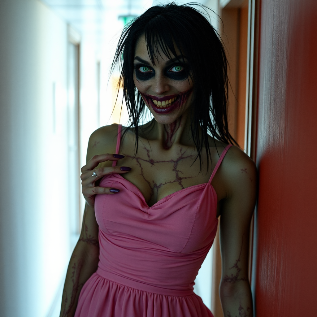 dawn of the dead, sexy skinny extremely horrific irish zombie woman, black raven hair, green glowing, perky boobs, purple nails, purple lips, all over her body rotten pale skin, wearing a pink dress standing in hallway, whole body shot