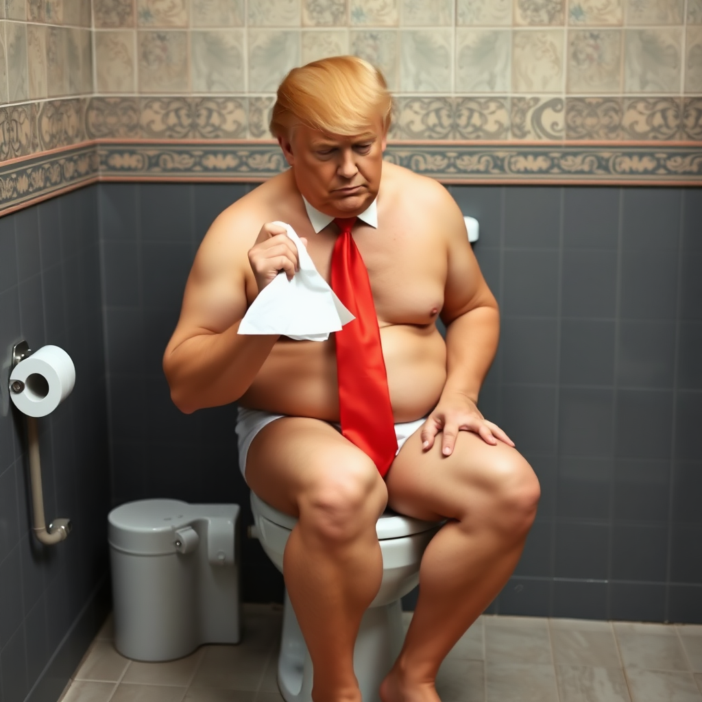 donald trump sitting on a toilet in underwear. with red tie. he is holding a tissue in his hand an is facing the tissue. photo