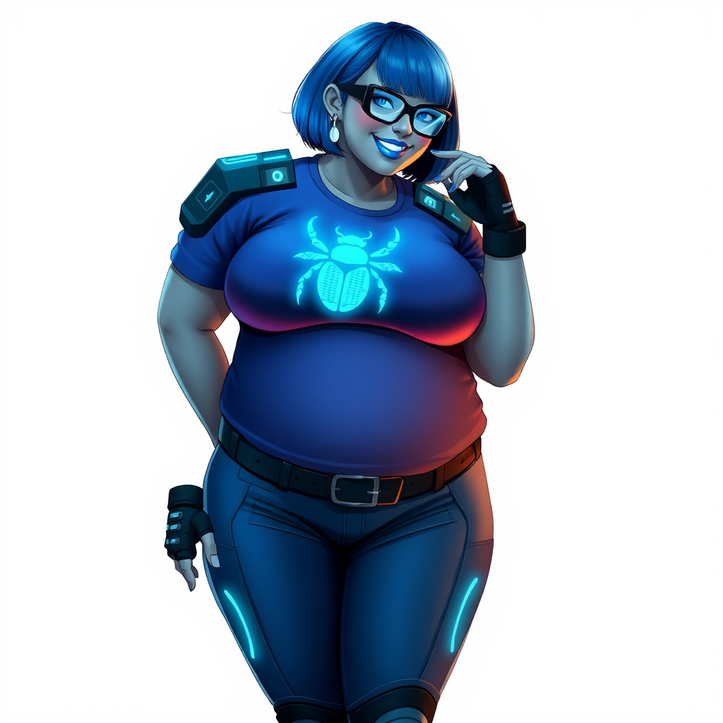 A 28-year-old, full-figured, metallic middle gray (N5) skinned computer program hybrid with a maximum blue bob cut. She has a non-athletic build, highlighted by a prominent, round, large midsection (with heavy emphasis on her belly), which shows the effects of her new love of junk food acquired from her boyfriend. As the full-figured, nerdy, digital sidekick to her cyberpunk vigilante boyfriend, her metallic middle gray (N5) skin and maximum blue lipstick emphasize her digital nature. Her skin has a subtle, animated glow, with digital patterns occasionally flickering across it, making her digital nature obvious. She wears a digital, computerized costume, consisting of a huge, tight-fitting, maximum blue t-shirt with a neon blue glowing chest icon of a beetle, hi-tech shoulder pads with neon blue accents, a black hi-tech belt with a digital neon blue glowing buckle, digital maximum blue biker pants with neon blue accents, and black hi-tech fingerless biker gloves with neon blue glowing accents. Her neon blue glowing eyes, black eyeglasses with neon blue glowing lenses equipped with a built-in HUD, and bashful smile with neon red blush accentuate her nerdiness. She stands bashfully with one hand behind her back and the other hand gently touching her cheek, her costume covering all her skin and heavily emphasizing her full-figured physique (especially her belly). She is clearly non-athletic, with a focus on her full-figured physique. Despite her build, she radiates beauty. She has a slim face compared to her physique, accentuating her radiant beauty. She is on a solid white background. She is drawn as if she were in a retro 2D cyberpunk fighting game.